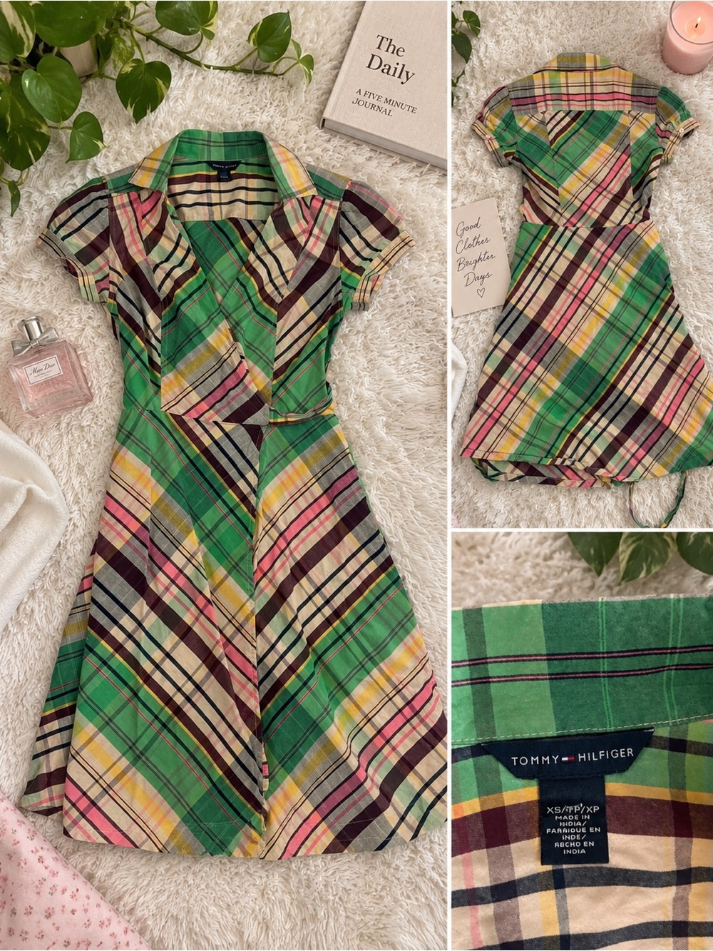 Tommy Hilfiger Green Multi-Color Plaid Short Sleeve Wrap Dress
